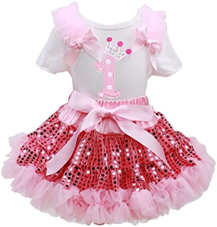 My 1st Birthday Cotton T-shirt with Tutu Dress 3PCS with Headband Baby Girls' the First Birthday Outfit Party Princess Dress Set (S, Pink)