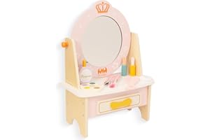 WOODENFUN Tavolo da toeletta rosa in legno con cassetti e specchio a 360°, 11 pz bellezza e accessori per il trucco per ragazze regalo 3+