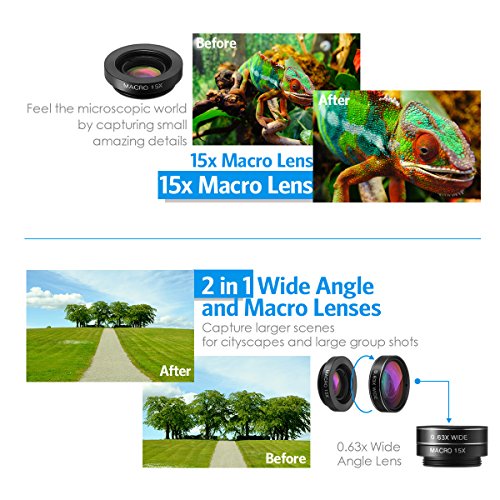 Criacr Lenti Smartphone 4 in 1,198 Lente Fisheye + 0,63x Lenti Grandangolo + 12x Obiettivo Teleobiettivo Zoom + 15x Obiettivo Macro con Supporto per iPhone, Samsung Galaxy, ecc