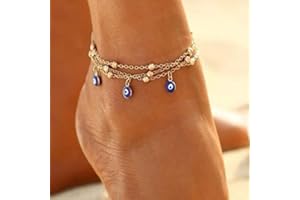 Handcess Bracelet de cheville Boho - Doré - Motif mauvais œil - Pour femme et fille