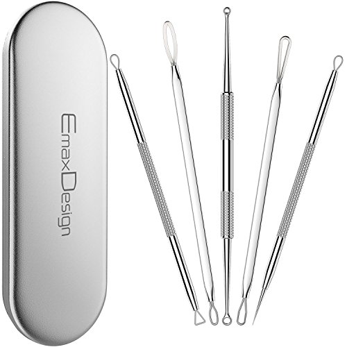 EmaxDesign 5 Stücke Mitesserentferner -Komedonenquetscher Set aus Edelstahl - doppelseitig -Nagelhautschieber Werkzeug Professionell Gesundheit Behandlung für Pickel Whiteheads Akne Extraktoren Risikofrei Glatte Nose Gesicht Haut