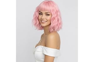 ‎SIMKAYLEE SIMKAYLEE Kurze Lockige Rosa Perücke mit Pony Damen Pink Wig Gewellt Schulter Länge Rosa Bob Perrücke Locken für Frauen für Karneval Fasching Motto Party Halloween Cosplay (30 cm)