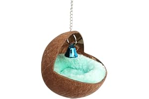 WIHXES Natural Coconut Shell Bird House with Warm Pad - Cozy Nest Bed for Pet Parrot, Budgie, Parakeet, Cockatiel, Conure, Canary, Finch, Dove, Rat, Gerbil, Mice | Cage Feeder Toy (12CM Bird House)