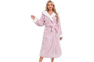 LYCY Damen Plüsch Bademantel Lang mit Kapuze, Hausmantel Flauschig mit Taschen & Gürtel, Warm Weich Fleece Morgenmantel Robe für Zuhause, Wellness & Urlaub