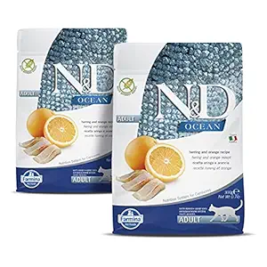 FARMINA N&D Ocean - Herring & Orange - Cat Dry Food - Grain Free - Adult (Pack of 2, Each 300Gms)