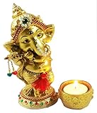 Sacred Blessings Polyresin Lord Ganesha Playing Bansuri Idol for Home (6.5 cm x 9.5 cm x 15 cm, Gold)