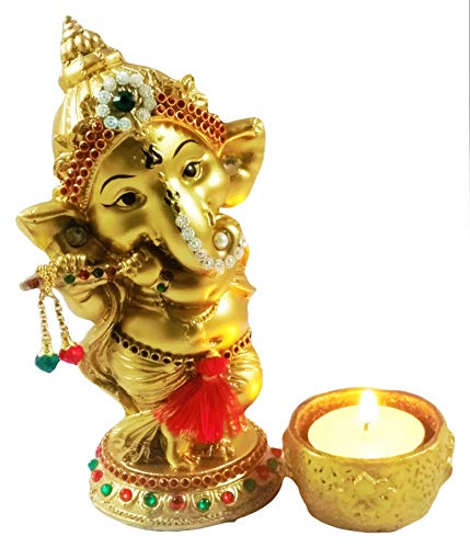 Sacred Blessings Polyresin Lord Ganesha Playing Bansuri Idol for Home (6.5 cm x 9.5 cm x 15 cm, Gold)