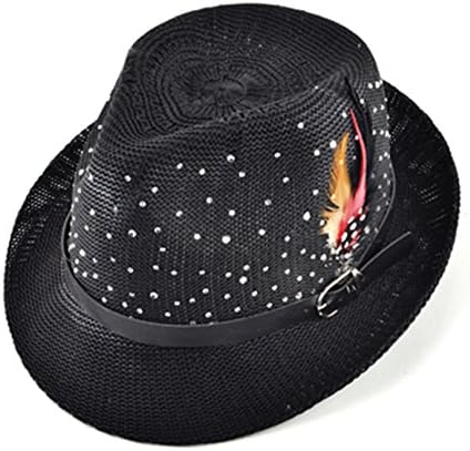 HCIUUI Fashion New Spring Summer Sun Hats for Women and Mens Braid Cap Summer Beach Straw Panama Feather Hat Diamond Femal Topper Black