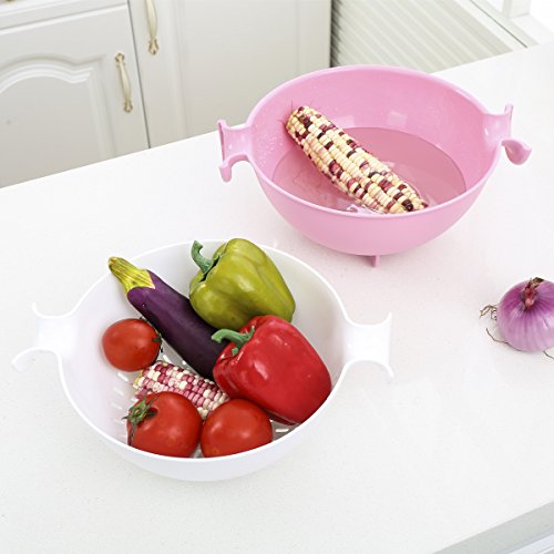 EJBOTH Doppelt Schicht Seiher Drainierender Kunststoff, [2pcs ablässt Korb + 1pc Schäler] Multifunktionales Waschen Schüssel Household Drain Basket Strainer Sieb Hohl Ausführung Colander Becken Für Waschen Obst & Gemüse [Rosa] - 6
