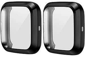 HANKN 2 Pack Screen Protector Case Compatible with Fitbit Versa 2 Black, Soft TPU Full Coverage Protective Cover Bumper (Black+Black)
