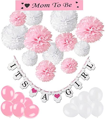 FLGood - Baby Shower Party Decorations Kit with 12 Pom Poms and Fantastic Bunting Banner "It´s a Girl"