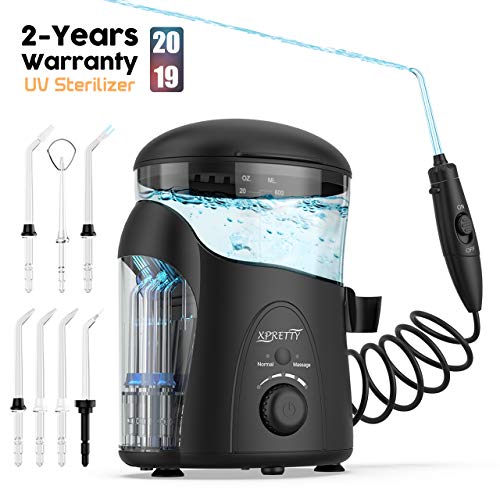 Irrigador Dental con UV Esterilizador, Xpretty Irrigador Bucal Impermeable Water Jet Flosser de Agua Profesional Multifuncional Aquarius con 7 Cabezales, 600ml Depósito de Agua