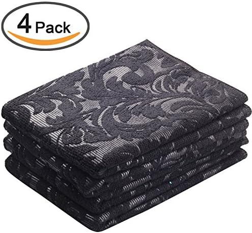 UK Kleanner SUPER PREMIUM Microfiber Flower Embossed Texture Kitchen Dish Towel Tea Towel, Soft and Aborbent, Size 15 Inch x 25 Inch, Set of 4 Packs(Black)