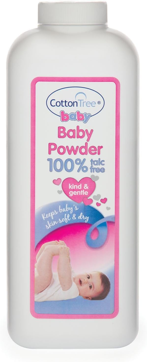 Cotton Tree Baby Powder - 100% Talc Free | Keeps Babies Skin Soft & Dry - Use After Nappy Changes or Bathtime | Kind & Gentle - Contains Vitamin E (White, 280g)