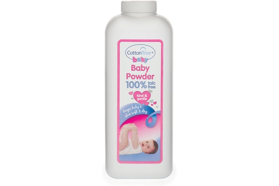 Cotton Tree Baby Powder - 100% Talc Free | Keeps Babies Skin Soft & Dry - Use After Nappy Changes or Bathtime | Kind & Gentle - Contains Vitamin E (White, 280g)