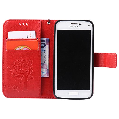 Samsung Galaxy S5 mini Hülle, Cozy Hut Samsung Galaxy S5 mini Hülle Muster, Handy Case Cover Tasche for Samsung Galaxy S5 mini (4.5 Zoll), Bunte Retro Katzen Schmetterlinge Baum Prägemuster Design Muster Druck Flip PU Leder Tasche Case Hülle im Bookstyle mit Standfunktion Kartenfächer mit Weich TPU Innere Hülle Case für Samsung Galaxy S5 mini – Rote - 6