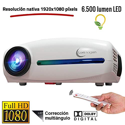 Proyector Full HD 1080P, Luximagen FUHD200 (1920x1080) 6.500 lúmenes LED, Maxima luminosidad Portátil LED Cine en casa AC3 HDMI USB MKV Sin Input Lag Corrección Horizontal y Vertical (Blanco)