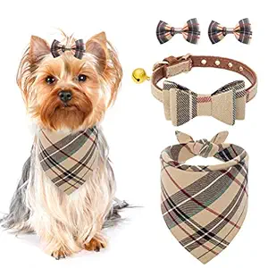 Bow Tie Dog Collar with Bell - Classic Plaid Bandana, Triangle Bibs Scarf Accessories, 2 Pack Pet Hair Bows, for Puppy Cats, Cream