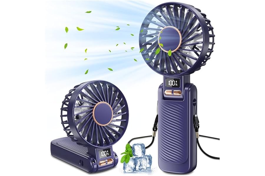 Ajgvq Portable Fan, 5 Speeds USB Rechargeable Fan with 4500 mAh Battery (20 Hours Autonomy), 180° Rotating Silent Fan, LED Display, 3 in 1 Table Fan/Hand/Neck
