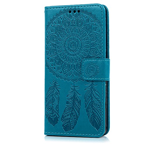 Lanveni Lederhülle Leder Tasche für Sony Xperia E5 Hülle Windspiele Muster Design Case Cover Bookstyle Brieftasche Card Slot Handy Schutzhülle Back Cover (Blau) + 1 x Stylus Pen + 1 x Staubdichte Stecker - 3