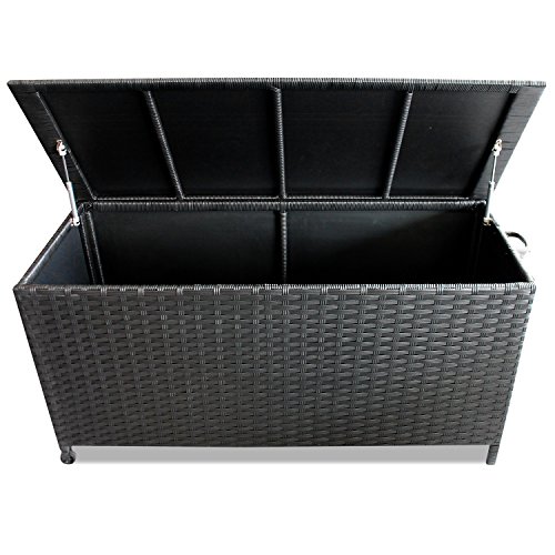 Gartenbox Aufbewahrungsbox Gartentruhe Auflagenbox Kissenbox Aufbewahrungskiste Kissentruhe – mit Hubautomatik, 134x56x65cm, Poly Rattan, Rollbar, Schwarz - 2