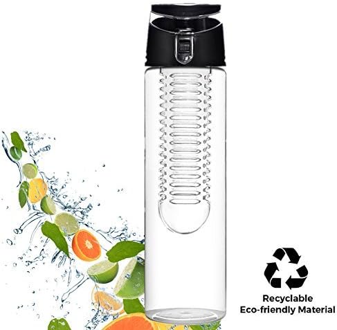 Fruit Infuser Sport Water Bottle with Fruit Infuser And Carrying Handle, 23 Oz Transparent Bottle with Locking Flip Top Lid And Carrying Handle - BPA FREE - Made With Tritan Copolyester-- (Many Color Option) (Black)