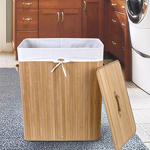 Songmics faltbar Bambus Wäschekorb 100 L (62,5 x 52 x 32 cm) Wäschebox mit Wäschesack zum Herausnehmen natur LCB63Y - 3