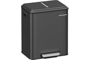 SONGMICS Mülleimer Küche, Mülltrennsystem 2 x 15 L, 2 Fächer für Recycling und Restmüll, Abfalleimer, Inneneimer, Stahl, Softclose-Deckel, breites robustes Pedal, tintenschwarz LTB544B02