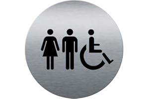 AUA SIGNALETIQUE - Plaque de porte Aluminium brossé imprimé AluSign Ø 85 mm - épaisseur. 3 mm - Double Face adhésif au dos (Toilettes Mixtes)