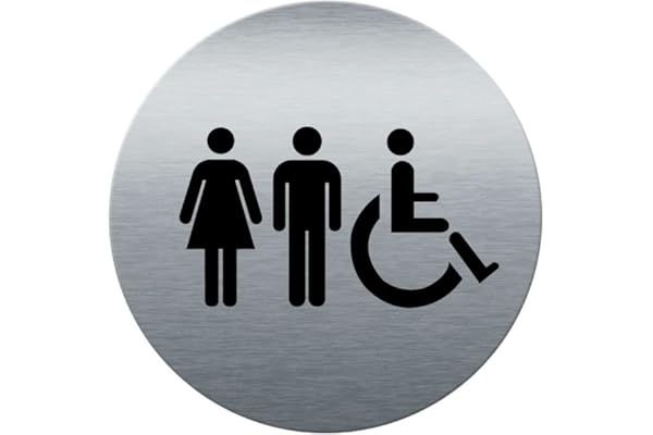 AUA SIGNALETIQUE - Plaque de porte Aluminium brossé imprimé AluSign Ø 85 mm - épaisseur. 3 mm - Double Face adhésif au dos (Toilettes Mixtes)