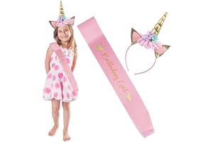 LOKIPA Unicorn Headband with Birthday Girl Sash for Kids Unicorn Birthday Party Supplies (Gold)