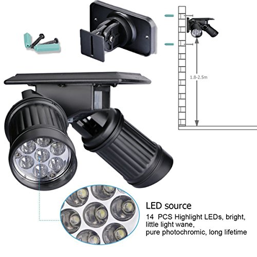 Wiederaufladbare LED Solarleuchte,Drillpro 1000 Lumen IP44 LED wasserdichte wandleuchte,outdoor super helle LED Solarlampe mit Doppel einstellbar Drehwinkel-Design für Garden Terrasse,Hof. schwarz - 3