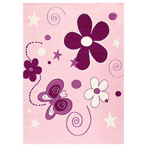 Moderner Kinder Teppich handgeschnittene Konturen Sterne Blumen Schmetterlinge Farbe Pink Lila – VIMODA; Maße: 160×230 cm - 5
