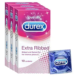 Durex Extra Ribbed Condoms for Men - 10 Count (Pack of 3) |Dotted and Dotted for Extra Stimulation|Suitable for use with lubes & toys