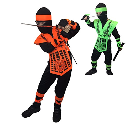 Rubber Johnnies TM Kids, Boys, Green, Orange, Neon Dragon Ninja Costume, Fancy Dress, 2 Sizes (4-6 years, Neon Orange)