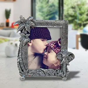 Handicrafts Paradise Elephant Face and Coconut Tree Aluminium Metal Photo Frame (14 cm x 0.63 cm x 15.3 cm)