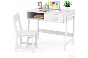 LIFEZEAL Set Scrivania e Sedia per Bambini 3+Anni, Scrivania con Cassetto, Banco Scuola, Tavolo da Studio, Sedia con Schienale, in Legno, per Cameretta, Giocare, Studiare, Multiattività (bianco)