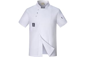 Tuelaly Professional Chef Jacket, Men Women Chef Top Short Sleeves Stand Collar Solid Color Pocket Buckle Catering Work Clothes Plus Size Bakery Chef Uniform Shirt White L
