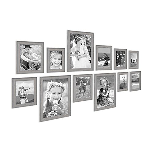 12er Set Bilderrahmen Skandinavischer Landhaus-Stil Grau-Braun 10x15 bis 20x30 cm inklusive Zubehör / Fotorahmen / Wechselrahmen