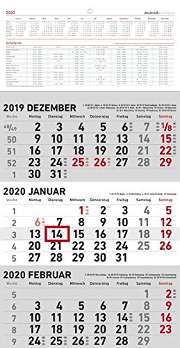 3-Monatskalender klein 2020 - Wandplaner - Bürokalender (23,7 x 45 geöffnet) - mit Datumsschieber - inkl. Jahresübersicht