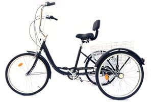 HaroldDol 24 Inch Tricycle Bicycle, Adult Seniors Tricycle Shopping Bicycle, 6-Speed with Basket