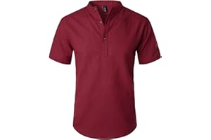 LucMatton Men's Casual Cotton Linen Short Sleeve Henley Shirt Summer Lightweight Banded Collar Beach Tops