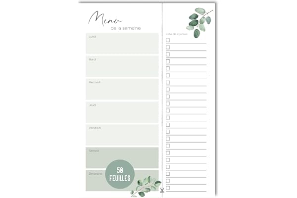 Mon planificateur de menus | Bloc de planification des repas A5 Eucalyptus de repas 50 feuilles | Plan de menus pour la famille, les amis, la colocation, le régime | Bloc DIN A5 (Eucalyptus)