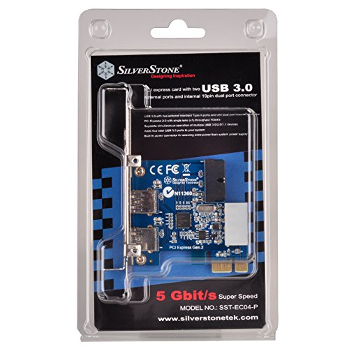 SilverStone SST-EC04-P – USB 3.0 PCI-E Erweiterungskarte, 5V 4 pin Molex Stromanschluss, 1x USB 3.0 20-pin intern + 2x USB 3.0 externe Anschlüsse (Typ A) - 5