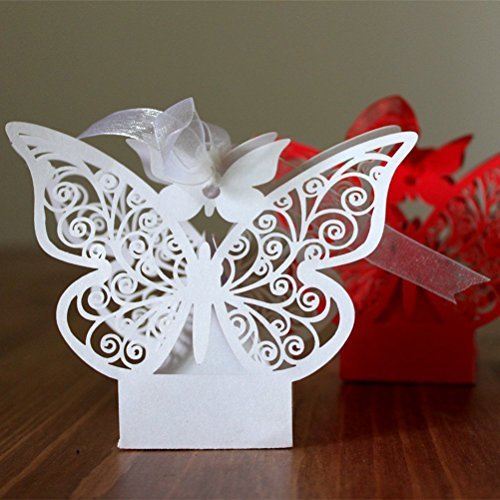 ULTNICE 50 Stück Folable 3D Schmetterling Candy Geschenkkartons für Hochzeitsparty mit weißen Bändern