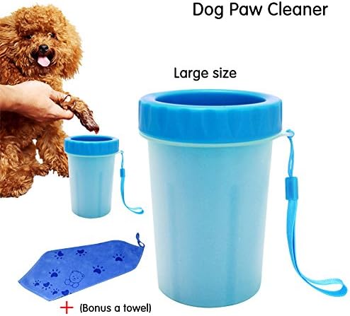 STWIE Portable Dog Paw Cleaner Pet Cleaning Brush Cup Dog Foot Cleaner ，Quickly Scrub and Wash Muddy Dirty Paws and Feet with Bonus Square Towel by (Large)