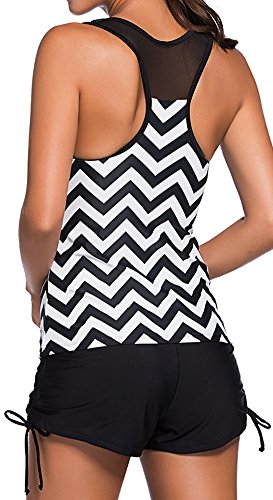 TDOLAH Damen Push Up Netz Patchwork Tankini mit Hotpants Bikinihose Schwimmanzug - 4