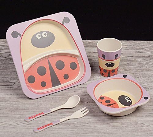 XHW Bamboo Fiber Creative Children Cutlery Eating Food Supplement Grid Plate Table Set Fork Spoon Spoons Set,H