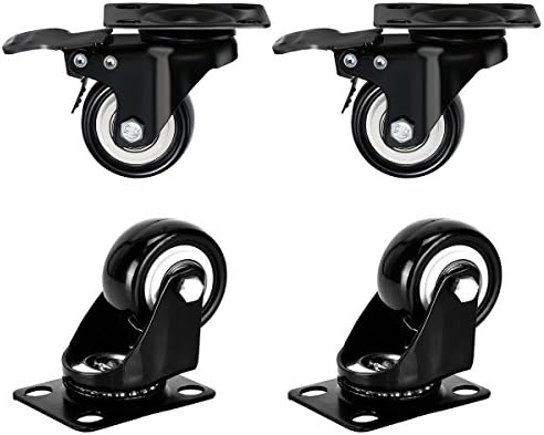 Plate Casters, DICASAL 2" Swivel Rubber Heavy Duty Furniture Castors Rollers, PU Non-marking Noiseless Wheels 2 with Brakes and 2 Unlocks Black (2 Inches)