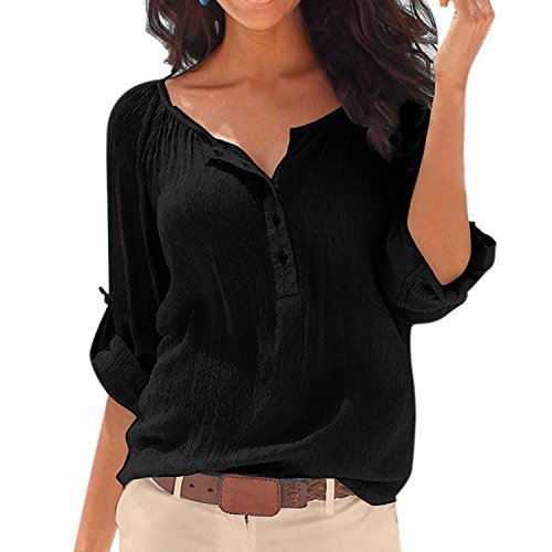 SUNNOW Damen New Mode Langarmshirts V-Ausschnitt Einfarbig Bluse Locker Basic Casual T-Shirt Oberteil